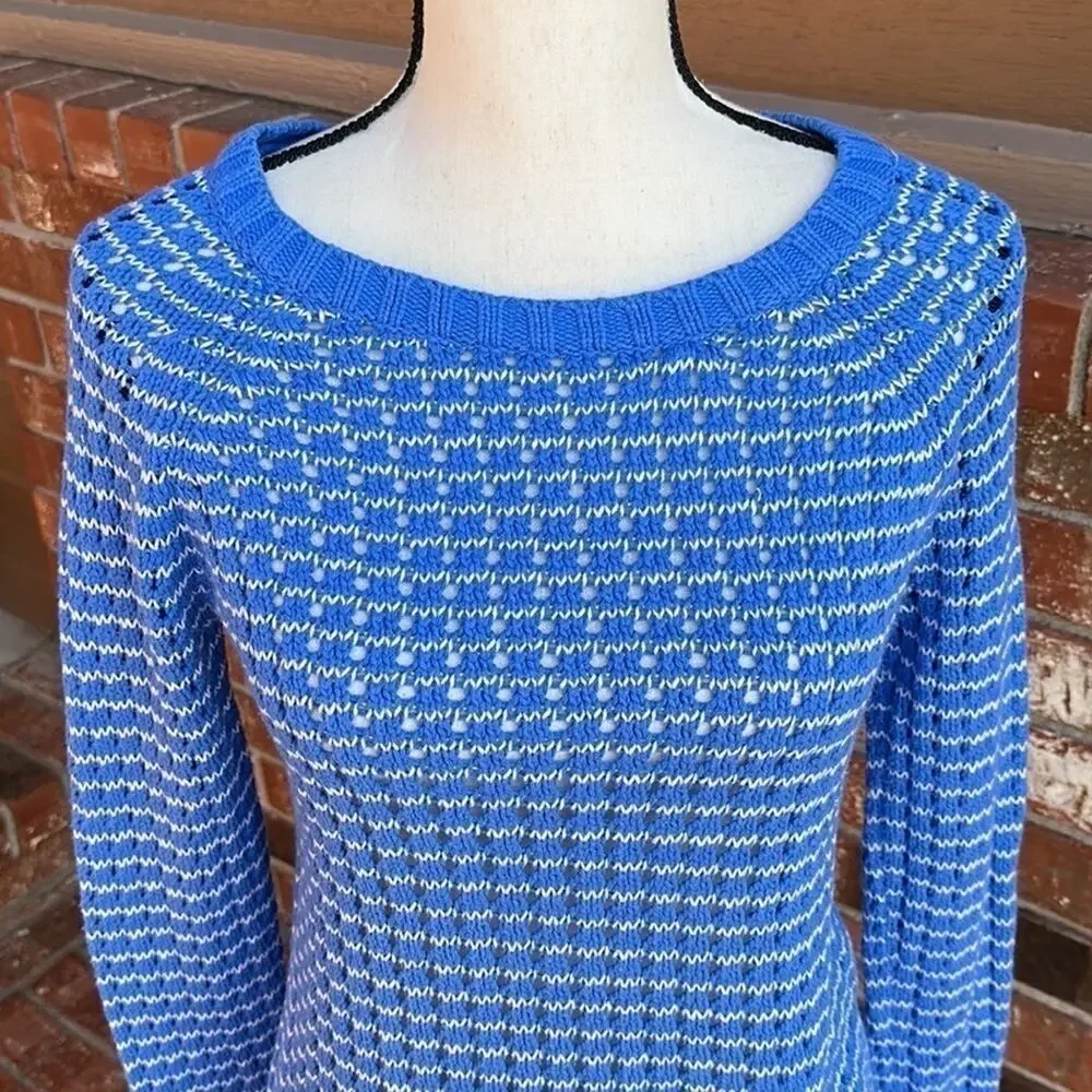 Olive & Oak Blue White Open Weave Knit Crewneck Sweater S Button Detail Back